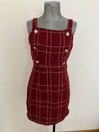 Robe courte Bordeau à carreaux boutons dorés occasion T 38