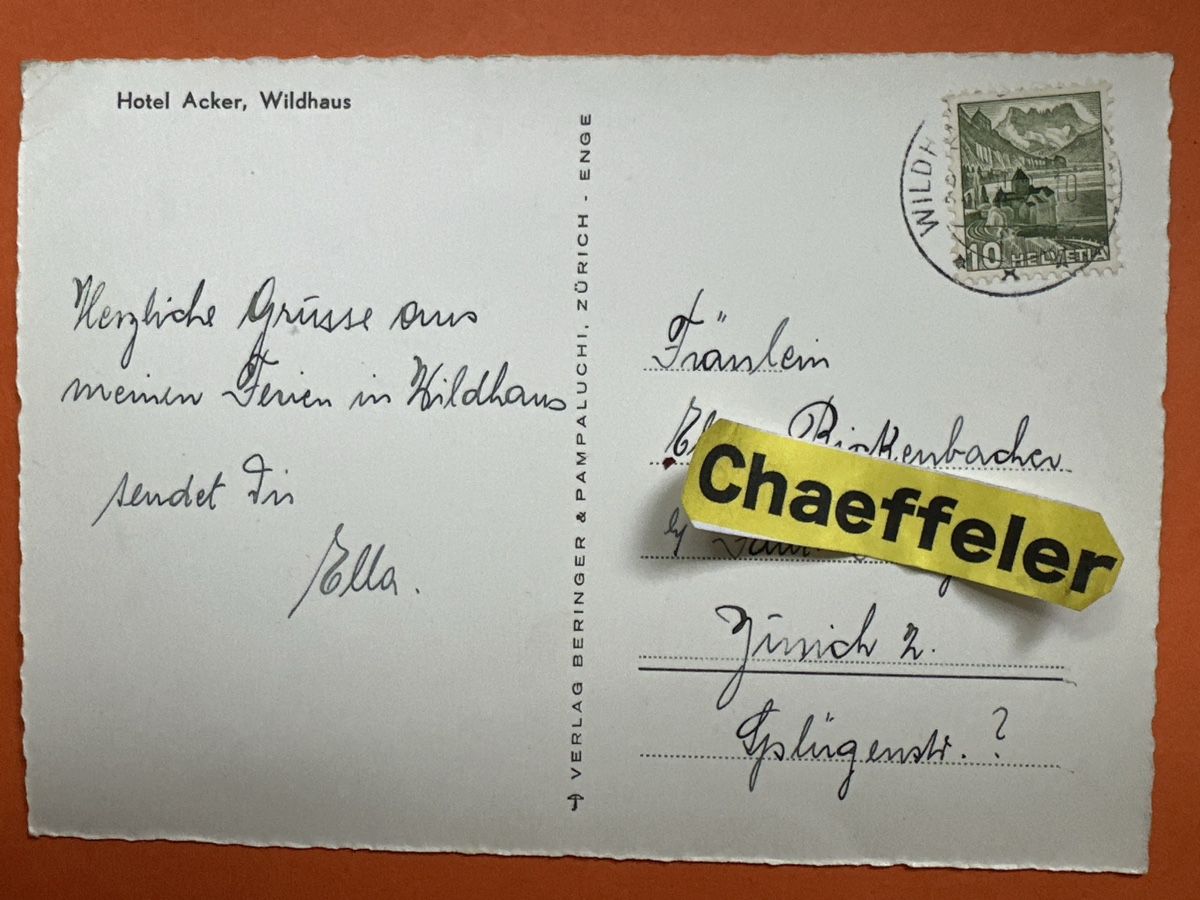 Ansichtskarten: Alte Ansichtskarte Hotel Acker, Wildhaus. 1949  Wildhaus – Gebraucht aus Zürich von Chaeffeler 1