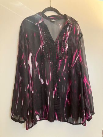 Damen Bluse schwarz pink gemustert Gr. L leicht transparent