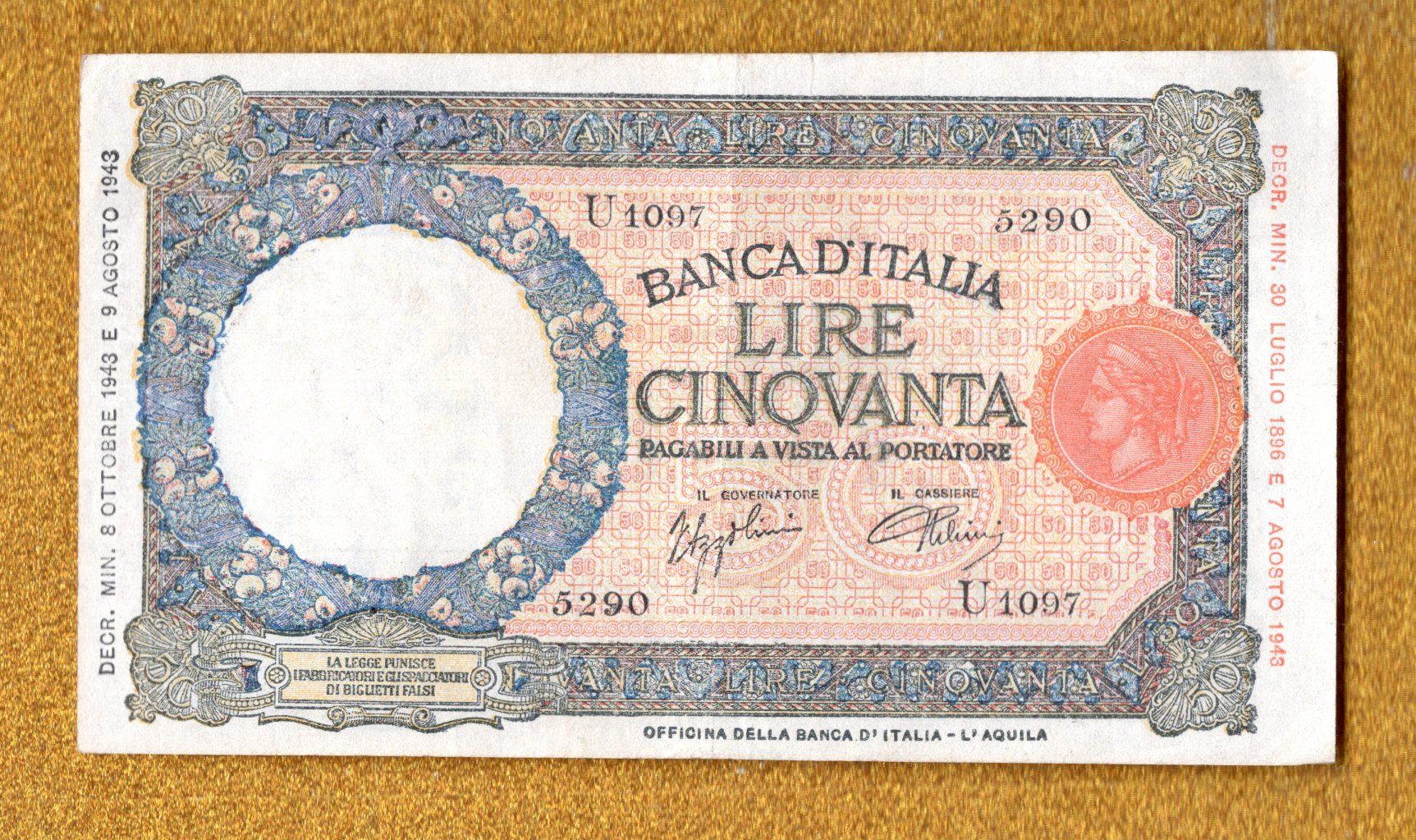 Banconote: Italien 50 lire 1943 – Usato da Leibstadt venduto da baroc333