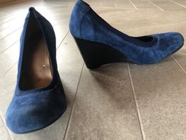 High Heels, Blaue echte Leder Pumps, 8 cm Keilabsatz