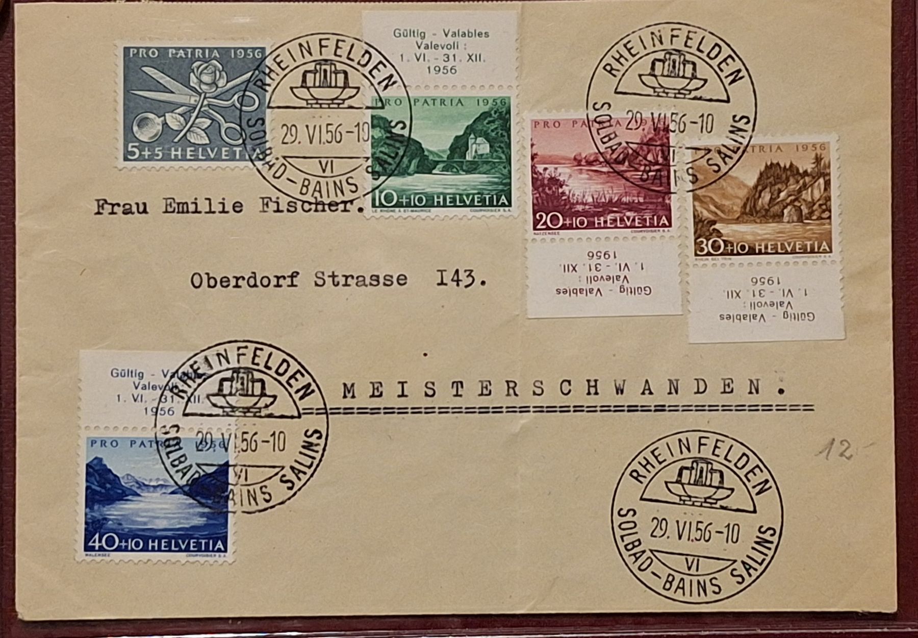 Tutti i francobolli: Pro Patria 1956 Rheinfelden Solbad - Bains  – Usato da Balgach venduto da SIMEON27