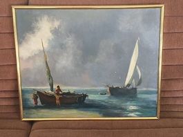 Peinture - bateaux sur bord de mer /arrière-plan tempêtueux