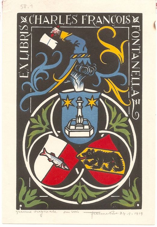 Exlibris héraldique par Claude Jeanneret pour Fontanella Kaufen auf