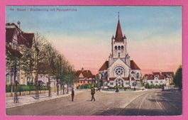 Basel gel 1920 Steinenring mit Pauluskirche belebt