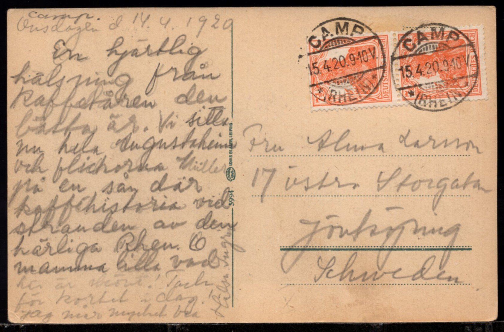 Cartoline postali: Gruss vom Rhein  5 Bilder  1920 – Usato da Aarau venduto da kufi44 1