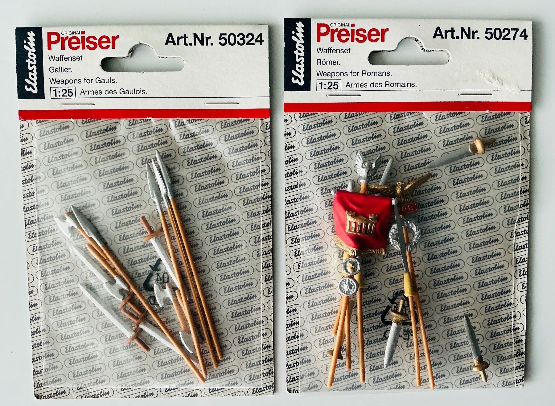 Elastolin Giocattoli: Elastolin Preiser Waffensets 1x Römer Romains & 1x Gallier – Nuovo (secondo la descrizione) da Hergiswil NW venduto da Liteng