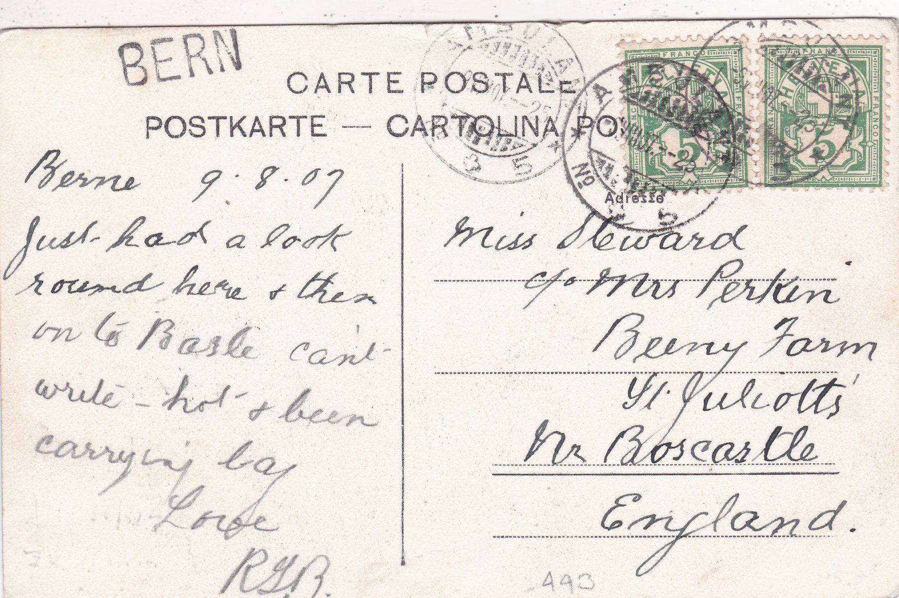 Cartoline postali: Bern und die Alpen 1907 – Usato da Herisau venduto da Lisegrat2008 1