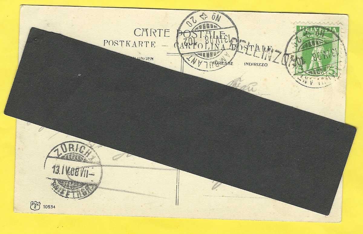 Cartoline postali: 13.4.1908BELLINZONA/Luftbild +3 castelli/rarer Balkenstempel – Usato da Zürich venduto da Hagliweg 1