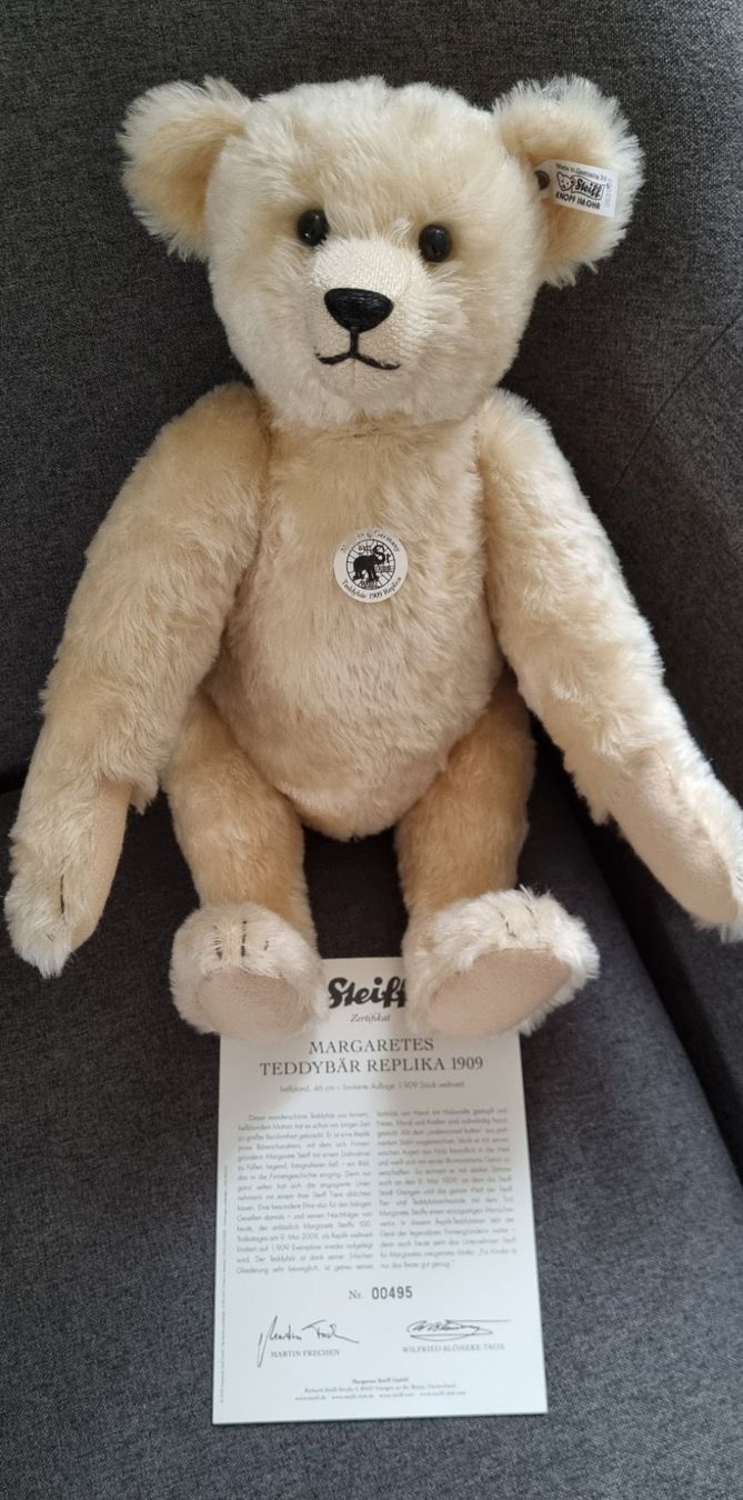 Steiff Giocattoli: Steiff: Margaretes Teddybär Replika 1909, silberner Knopf – Usato da Lenzburg venduto da friedi5 1