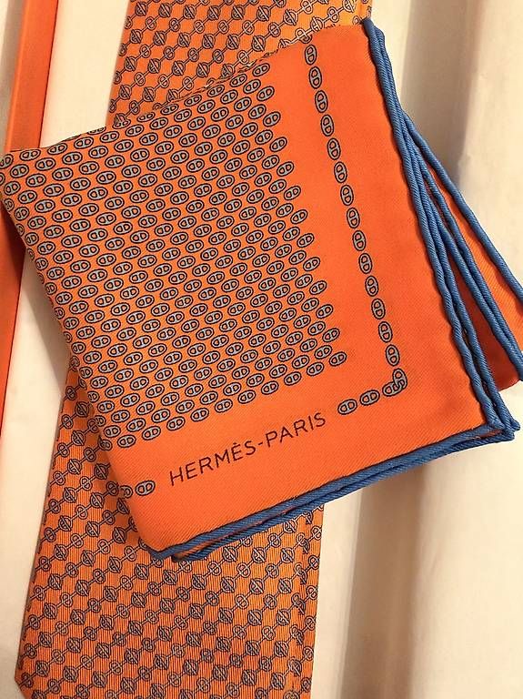 Cravatte: Hermès Krawatte + Einstecktuch ? 100% Seide ? Orange/Blau – Usato da Zürich venduto da leo_zx2x 2