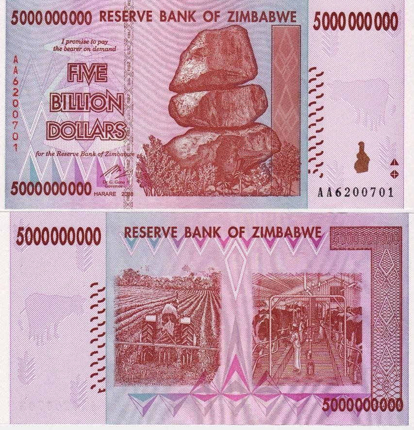 Banconote: ZIMBABWE 5 MILLIARDS DOLLARS 2008 (UNC) AA – Nuovo (secondo la descrizione) da Sonceboz-Sombeval venduto da Simuncons