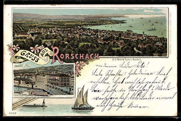 Cartoline postali: Litho Rorschach, Panorama, Hafen und Bah – Usato da Berlin venduto da bartko-reher