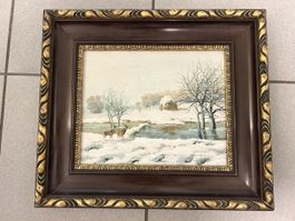 Ölgemälde Winterlandschaft mit Rehen im Wald / NUR ABHOLUNG