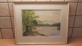 Cadre vintage + aquarelle ? Lac de Bret 1962 M. Elgenberger