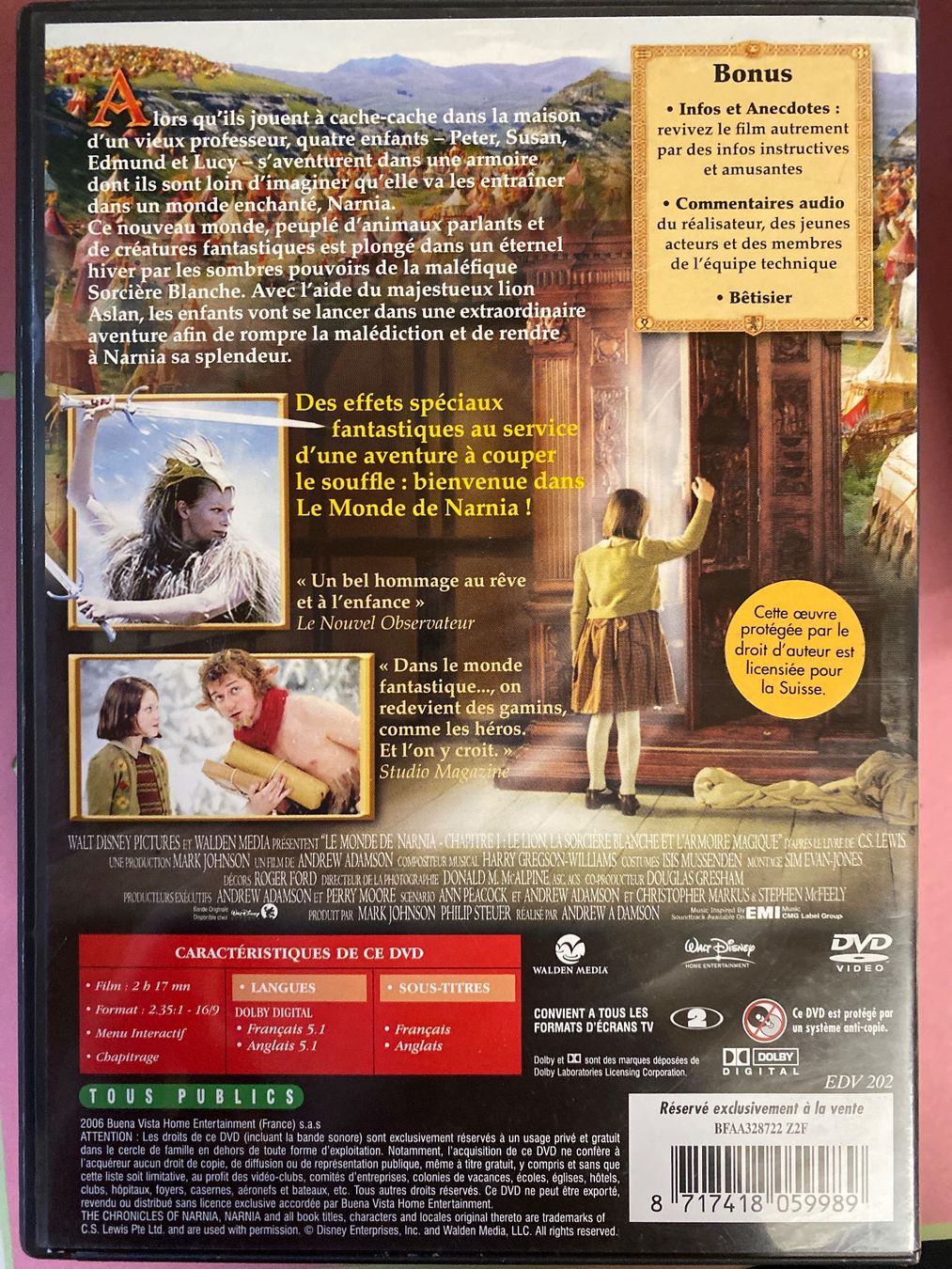 Tutti i DVDs: DVD - Narnia, Le Lion, la Sorcière Blanche, – Usato da Le Brassus venduto da cinema13 1