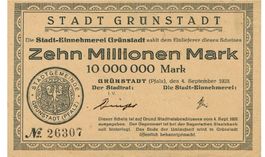 Grünstadt 10 Mil.Mark+Stempel 04.09.1923 VZ-VZ+