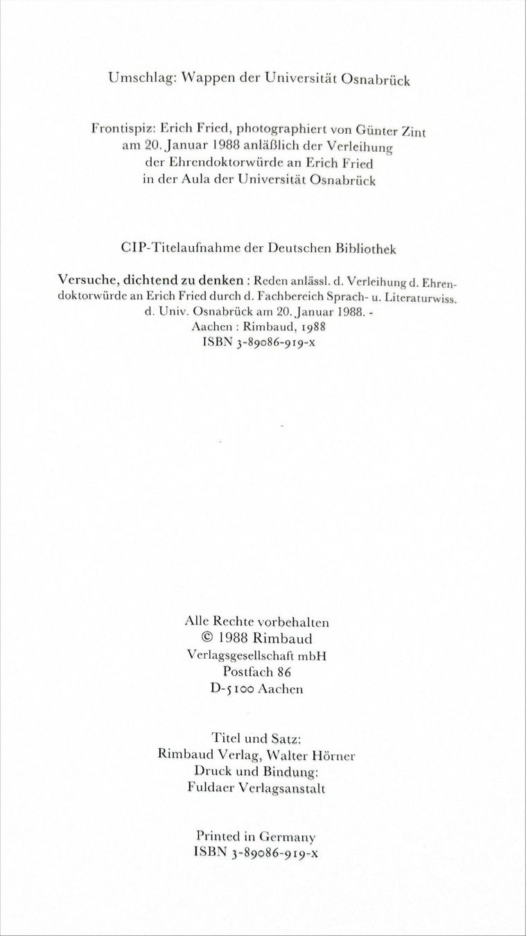 Libri: Versuche, dichtend zu denken – Usato da Sarnen venduto da Livres 2