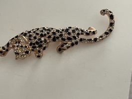 vintage Broche léopard strass et émail doré 