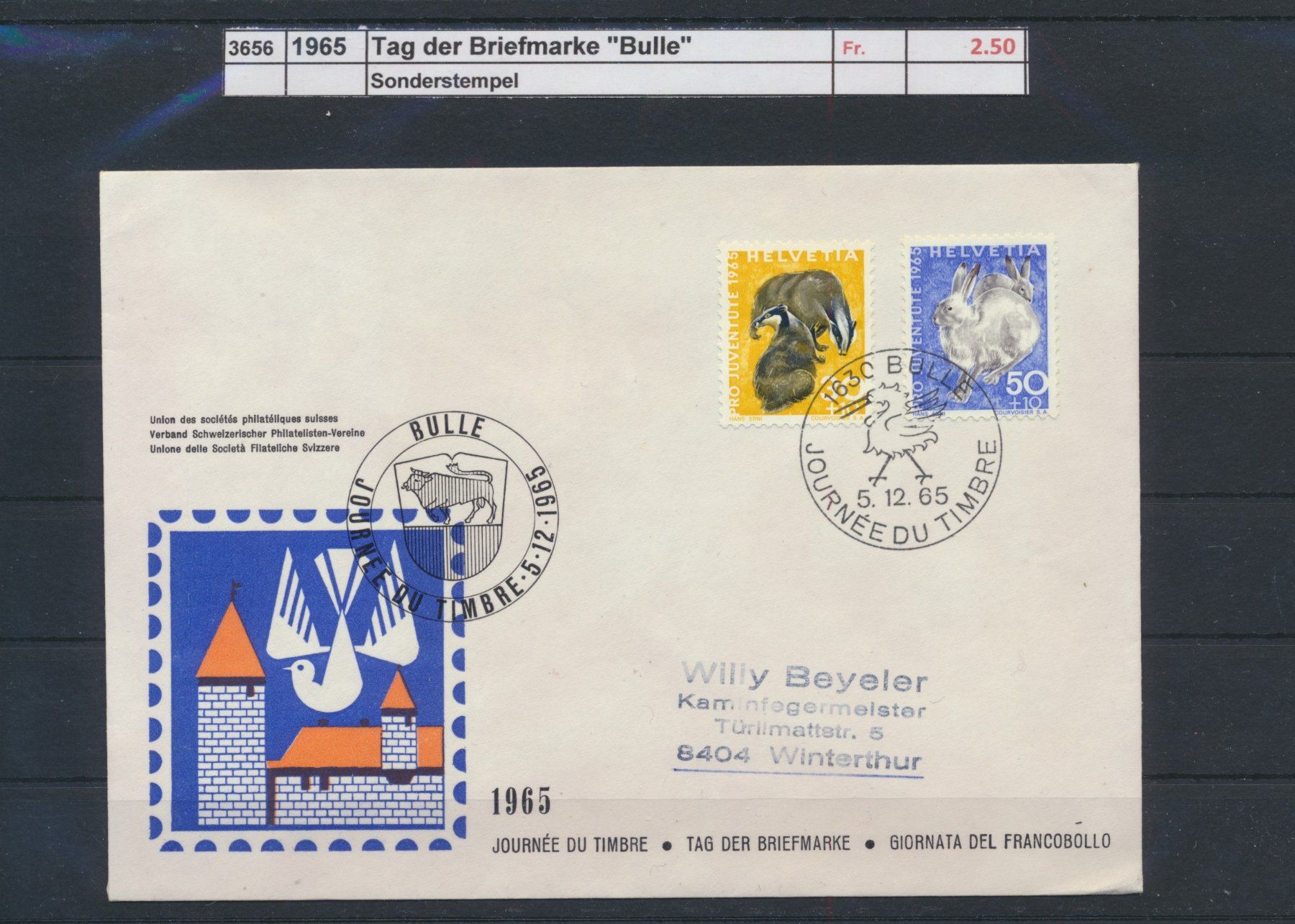 Alle Briefmarken: 1965 Tag der Briefmarke "Bulle", Brief – Gebraucht aus Winterthur von Zupogeru