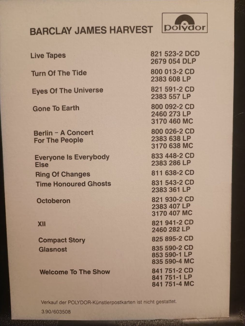 Autografi: Barclay James Harvest - handsignierte Autogrammkarte – Usato da Menziken venduto da Artographs 1