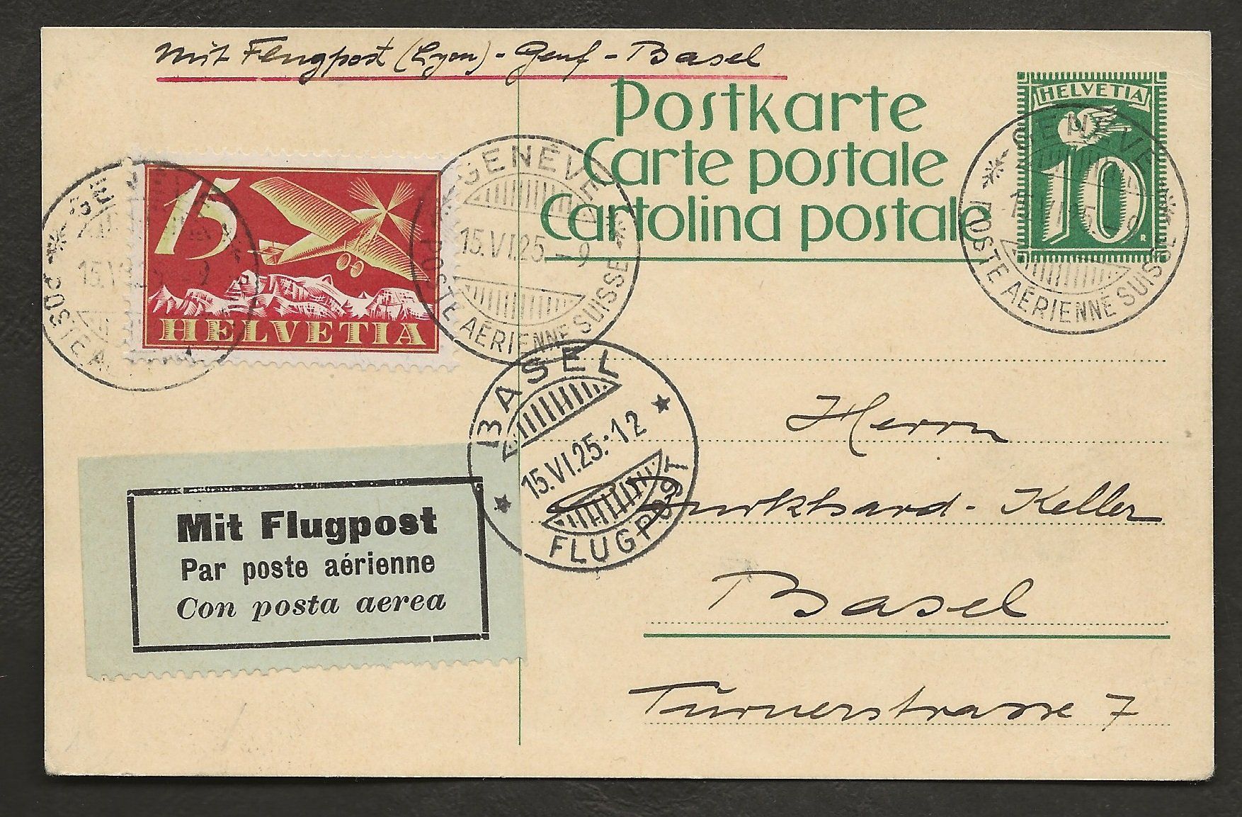 Tutti i francobolli: Flugpost Schweiz 1925 Genf Basel Erstflug Luftpost 300.- – Usato da Au ZH venduto da xelagreb01