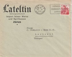 Brief mit Reklame Franzbranntwein- Zürich 1938