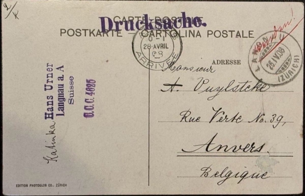 Cartoline postali: Alte Ansichtskarte "Drucksache", Zürich 28.IV.08 – Usato da birsfelden venduto da tim0444
