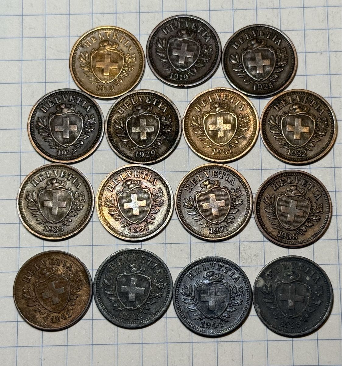 Tutti le monete: Schweiz 1 Rappen 1913-1946 – Usato da Zürich venduto da daki81