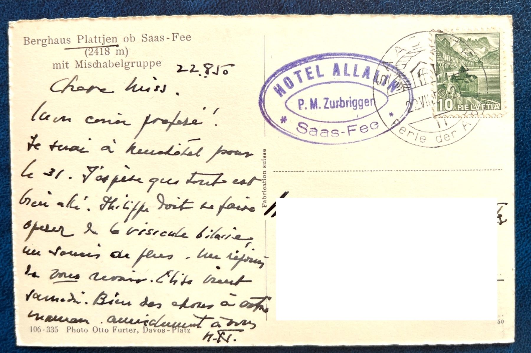 Cartoline postali: saas-Fee/Berghaus Plattjen. 1950 – Usato da Renan BE venduto da johncactus 1