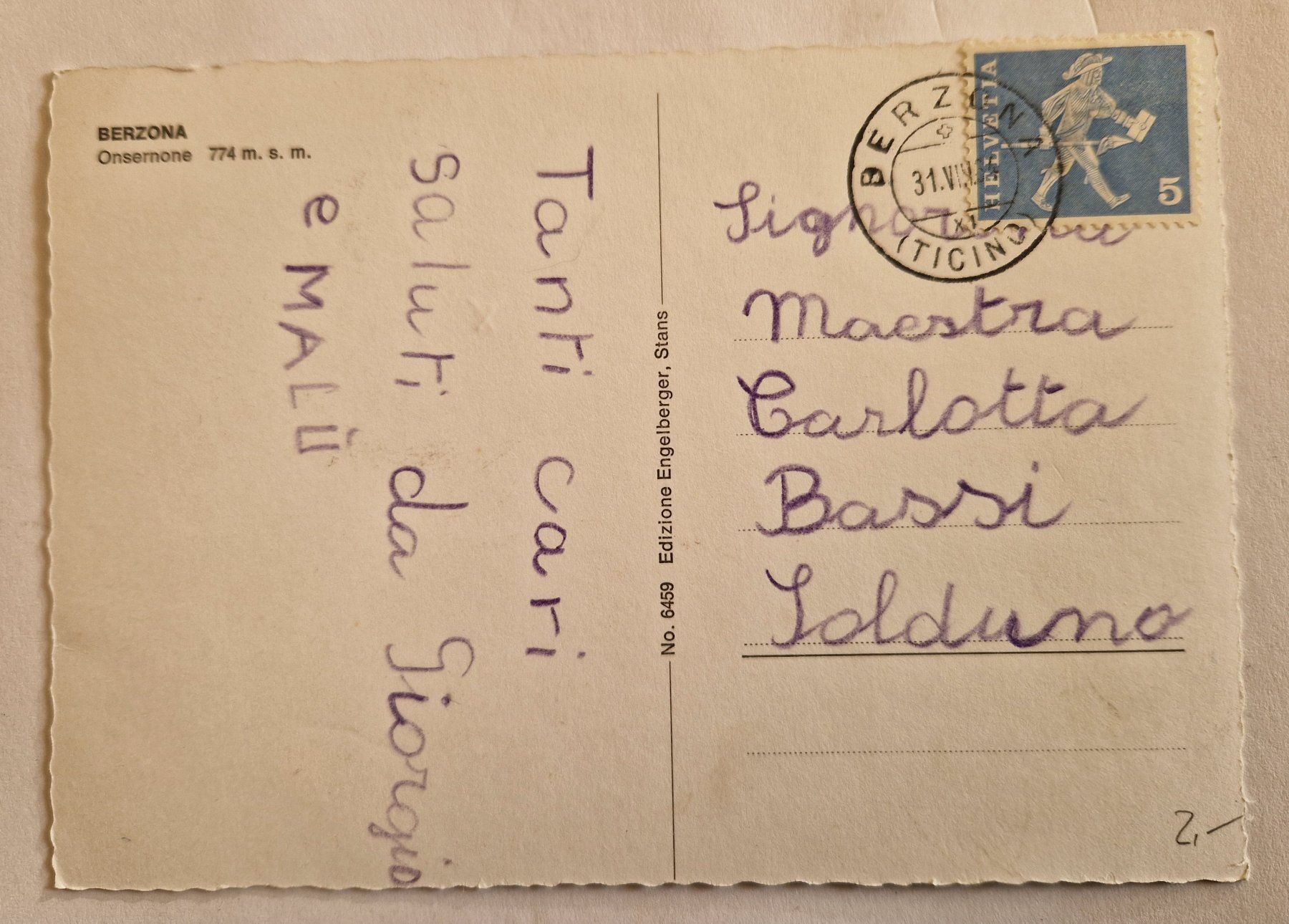 Cartoline postali: Berzona Onsernone Tessin 1964 – Usato da Melchnau venduto da Arthurius 1