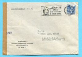Zensurbrief von Zürich nach Detmold 1948 - Abs: "Incomfin"