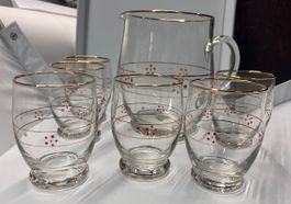 vintage Glas-Krug mit 6 Gläser