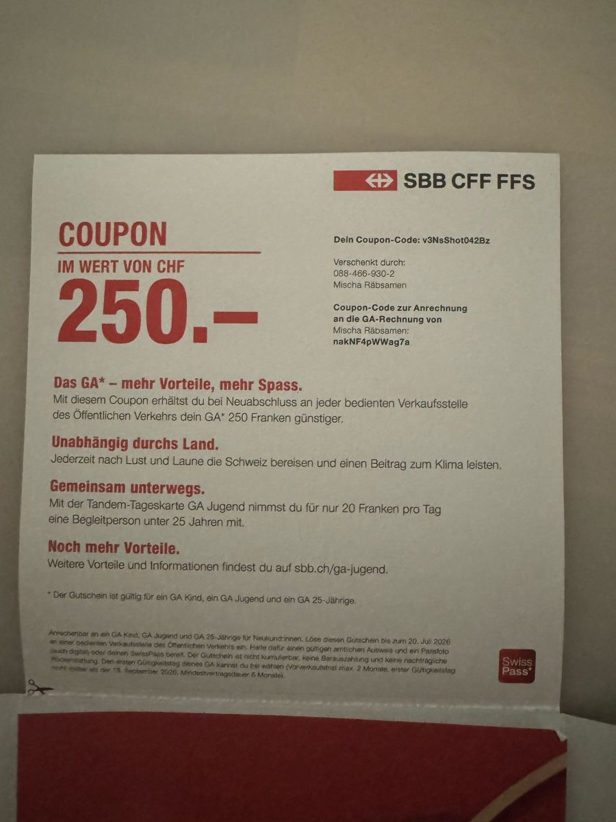 SBB/CFF/FFS Buoni: GA - Coupon/Gutschein – Nuovo e nell'imballaggio originale da Allenwinden venduto da Skalar03