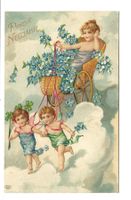 Prosit Neujahr - Engel ziehen Blumenwagen - Präge-Litho 1908