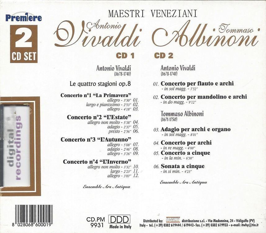 CD: Ensemble Ars Antiqua VIVALDI ALBINONI 2CD – Usato da Kandergrund venduto da Sososo 2