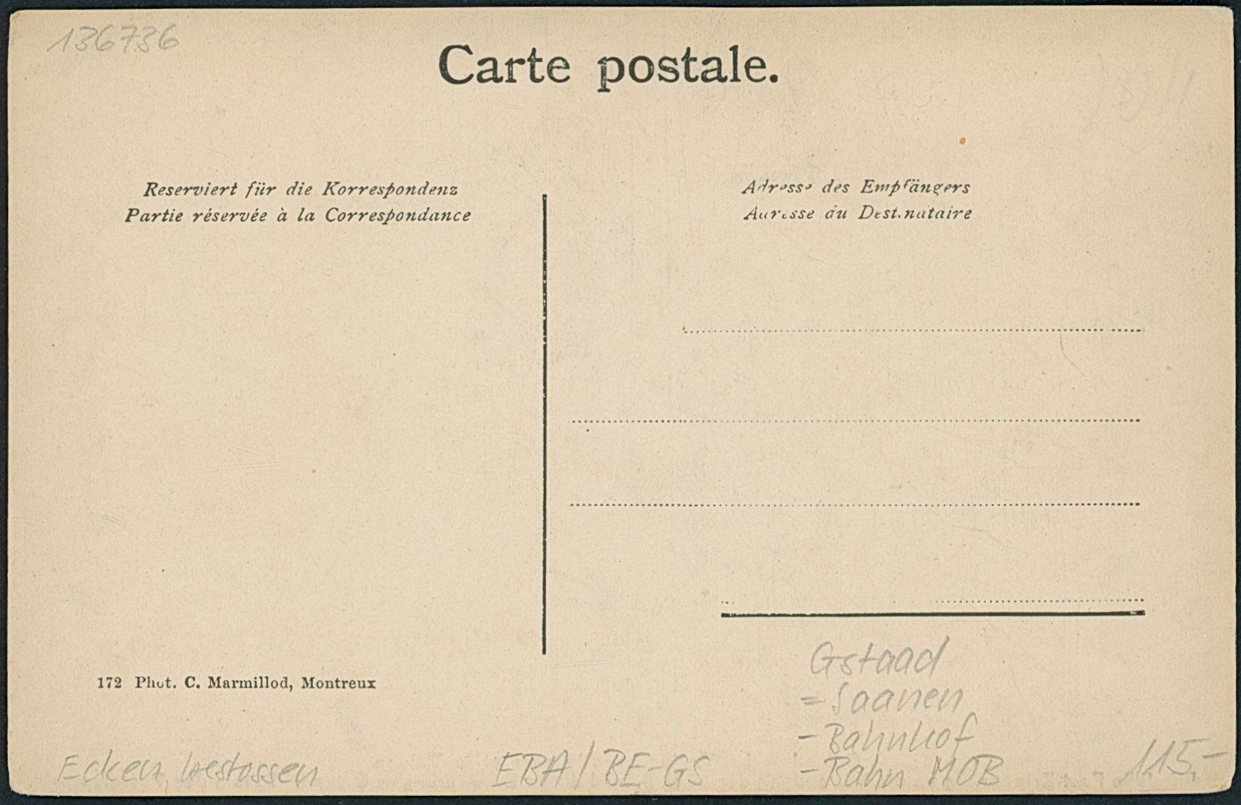 Cartoline postali: BE Gstaad - Bahnhof - Bahn MOB - Saanen – Nuovo (secondo la descrizione) da Schindellegi venduto da leecollect 1