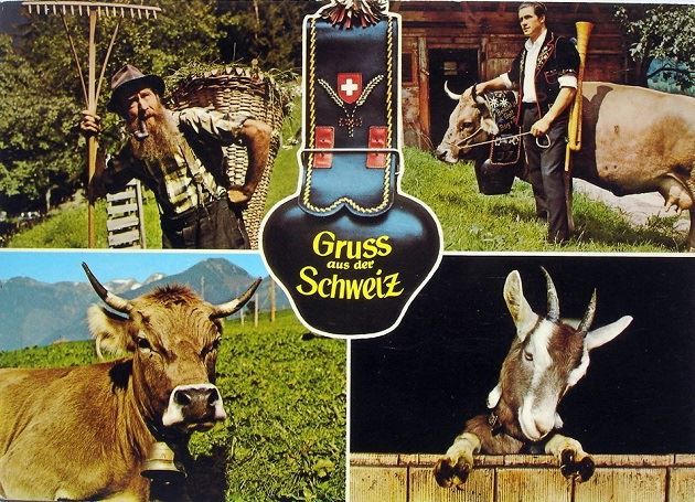 Cartoline postali: Gruss aus der SCHWEIZ Bauer - Kuh - Ziege – Usato da Jona venduto da philajona