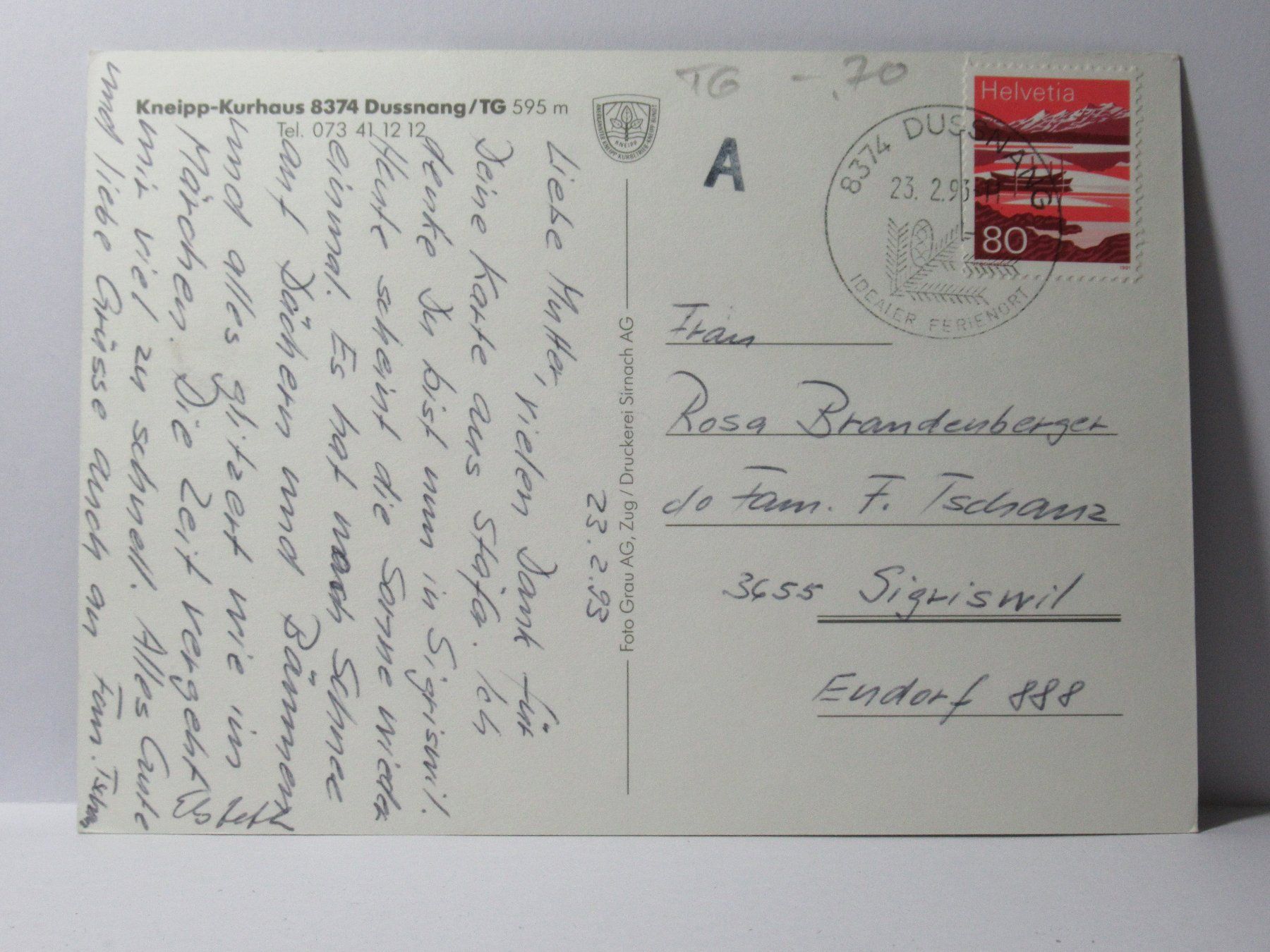 Cartoline postali: Dussnang , Kneipp - Kurhaus 1993 – Usato da Grenchen venduto da Bluemchen1900 1