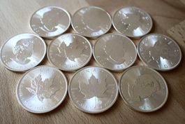 1 Oz Maple Leaf・10 Stück・9999 SILBER・5 Dollars・Canada・1 Unze