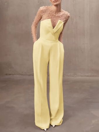 Mesh Imitation Pearls Strapless Jumpsuit