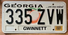 Georgia USA Nummernschild 335ZVW, Jahr 2001, Gwinnett!