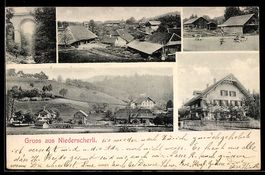 AK Niederscherli, Viadukt, Ortsansicht aus der Vogelschau