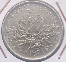 FRANKREICH - 5 FRANCS 1971 - VORZUEGLICH IM MUENZTUETCHEN