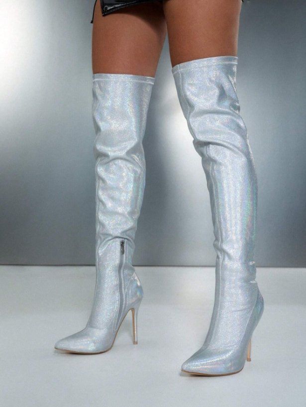 Scarpe da donna: Mega Sexy PU Leder Lack Stiefel Silbern Glitzernd – Nuovo e nell'imballaggio originale da Dallenwil venduto da dein-mega-style 4