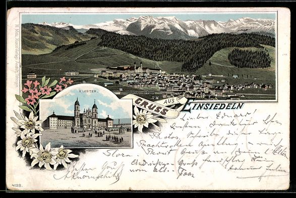 Cartoline postali: Litho Einsiedeln, Ortsansicht und Kloste – Usato da Berlin venduto da bartko-reher