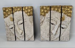 2 Buddha Wandbilder Holz Relief Gold Weiss Zen Spa Deko