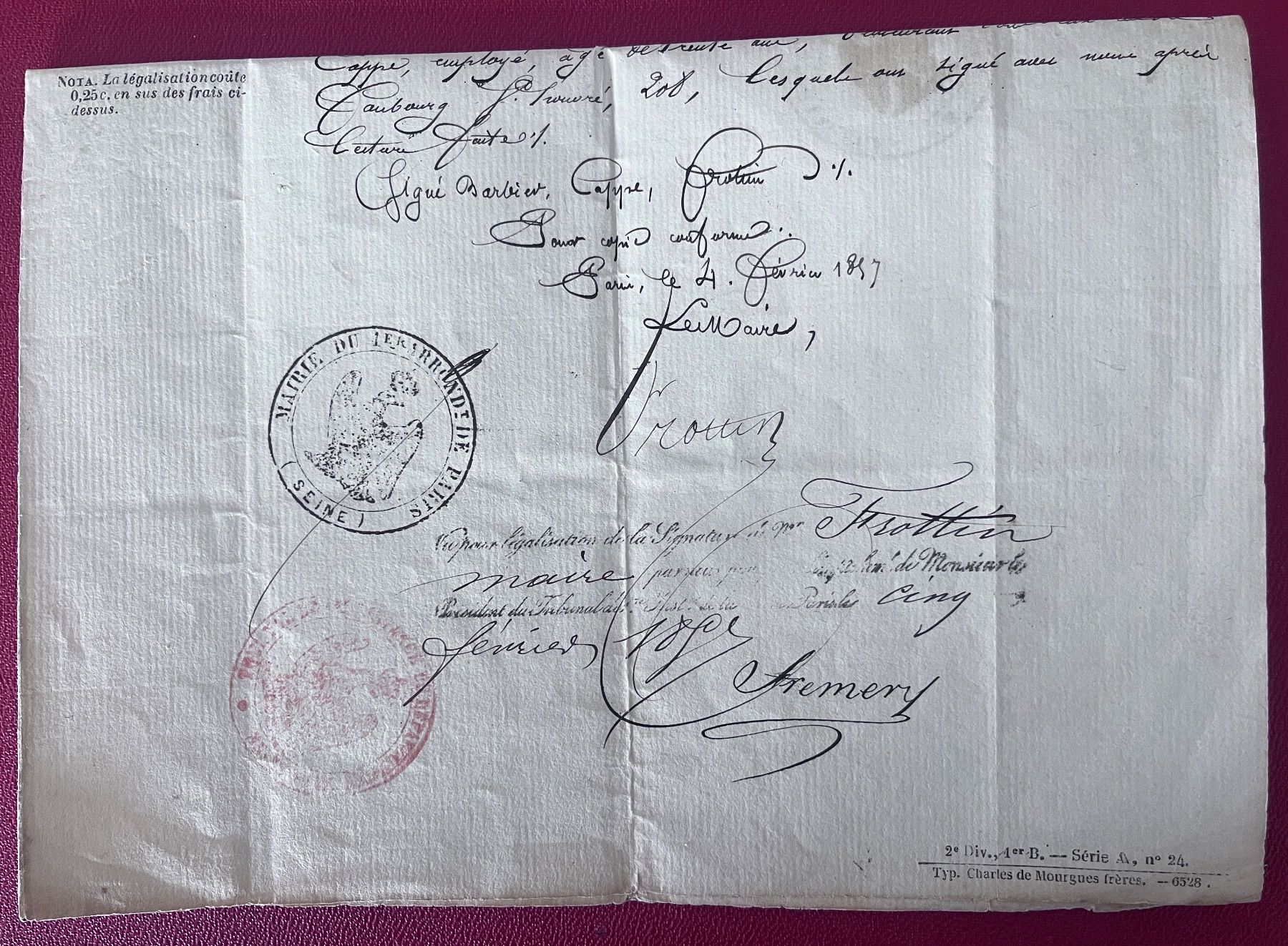 Dokumente: Dokument der Préfectur du Département de la Seine 1857 – Gebraucht aus Biberist von Edelfloh 4
