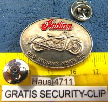 INDIAN US MOTOR CYCLES PIN "OLD INDIAN NEVER DIE" SILBRIG