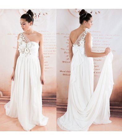 Eine Schulter chiffon Perlen Blumen spezielle sexy Brautklei